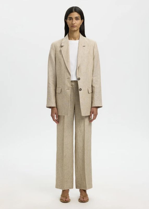 Selected Femme  Wide Ida Linen Pant Weathered Teak Pinstripe