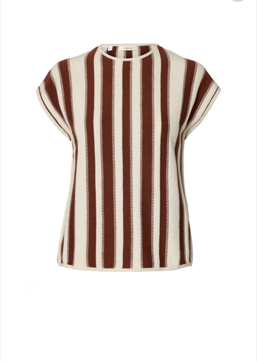 Selected Femme  Lina Knit O- Neck Birch Stripes/ Cherry Mahogny