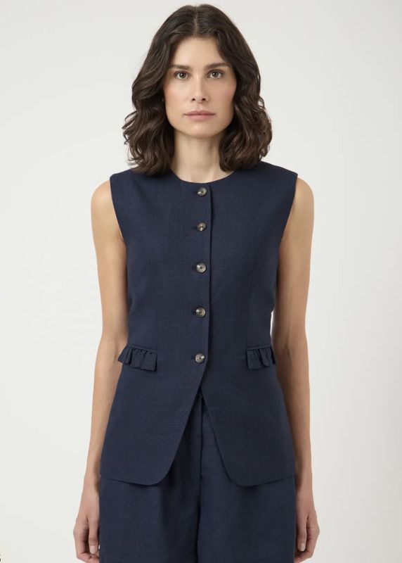 YAS Agana Linen Blend Waistcoat Navy Blazer