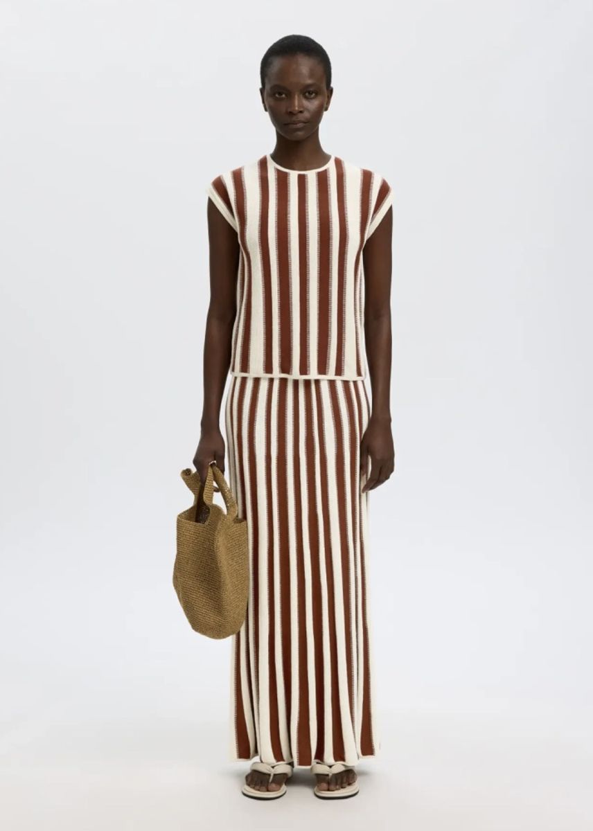 Selected Femme  Lina Knit O- Neck Birch Stripes/ Cherry Mahogny