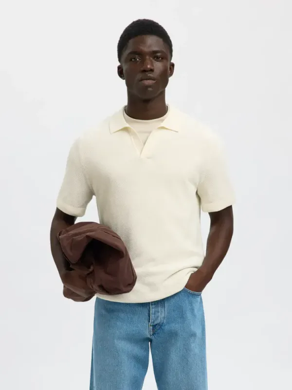 Selected Homme Colibri  SS KNIT STRUCTURE OPEN POLO Egret