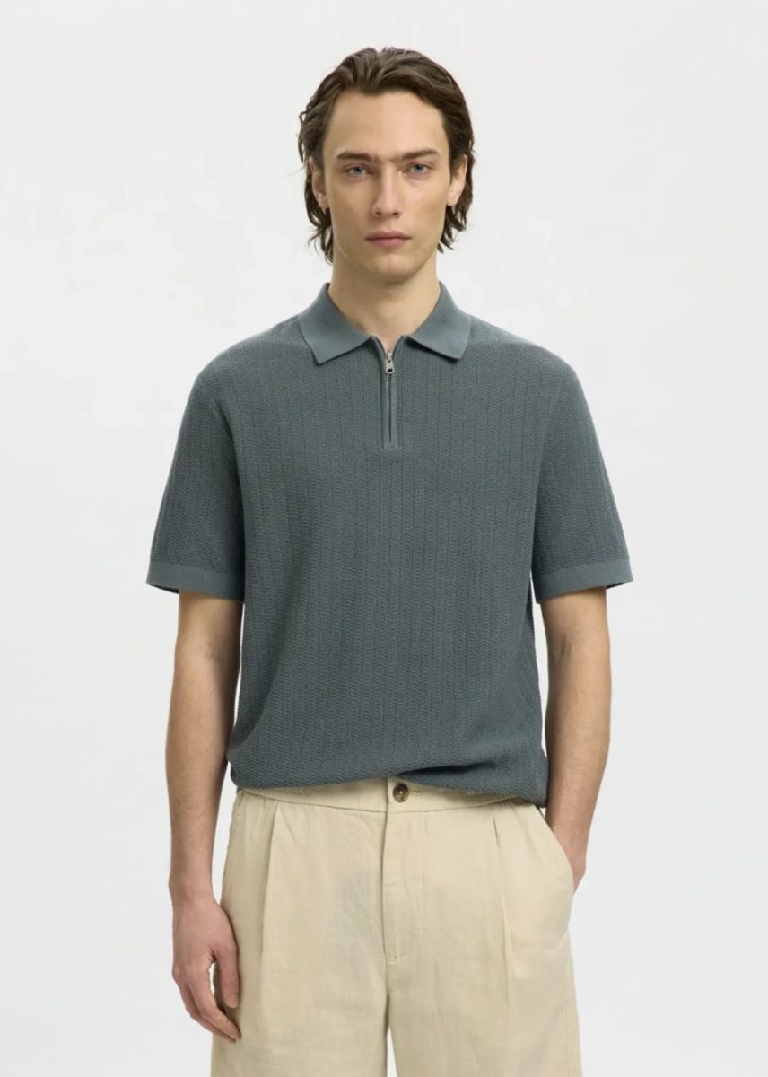 Selected Homme Cran Knit Zip Polo Balsam Green 